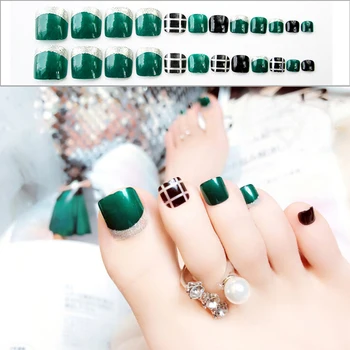 

24pcs/set False Nails Art Tips Foot Fake Nails Press On Toe Green Fake Nails Full Wrapped Tips With 2g Glue