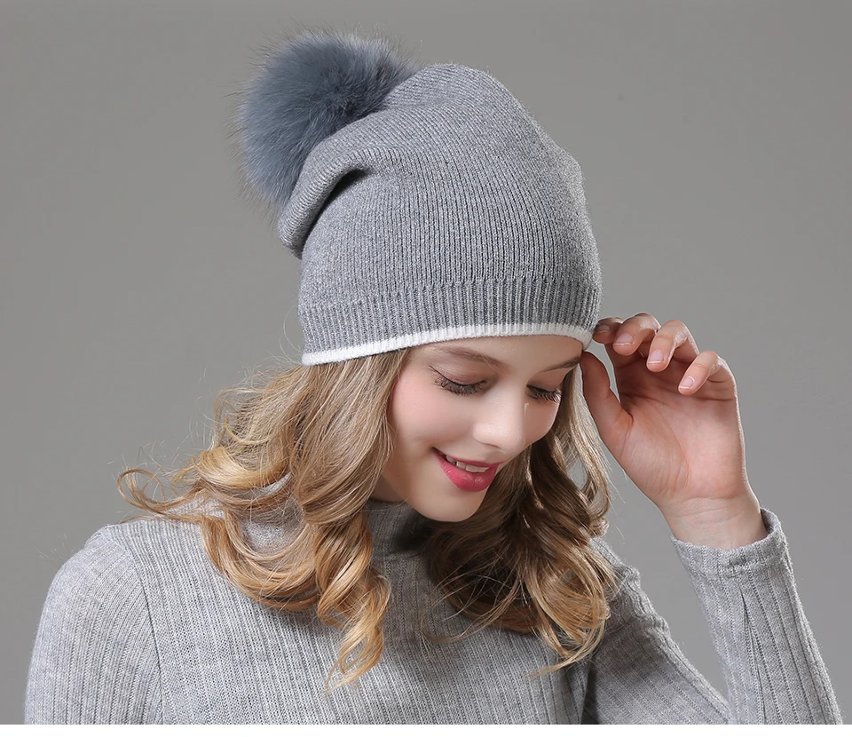 Winter Hats For Girls Skullies Knitt Wool Pom Poms Beanies Female Real Fox Fur Pompon Hat For Women 2018 New (6)