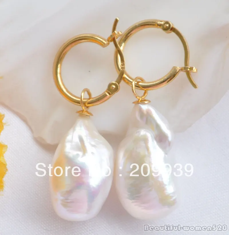 

hj 0010 22mm WHITE BAROQUE KESHI REBORN PEARL DANGLE EARRING