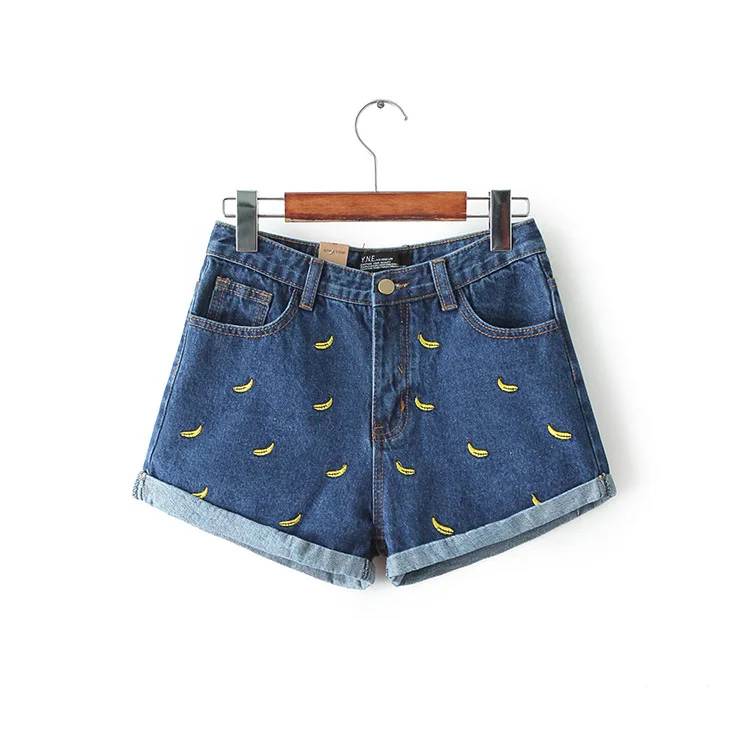 Женские летние хлопковые джинсовые шорты с вышитыми бананами и цветами, Свободные повседневные женские джинсовые шорты с завышенной талией