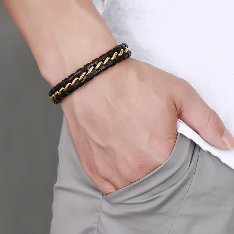 

Stylish Men's Braided Leather Bracelet Male Stainless Steel Golden Chain Magnetic Clasp Decorate Jewelry Mens Accessories 8.6"