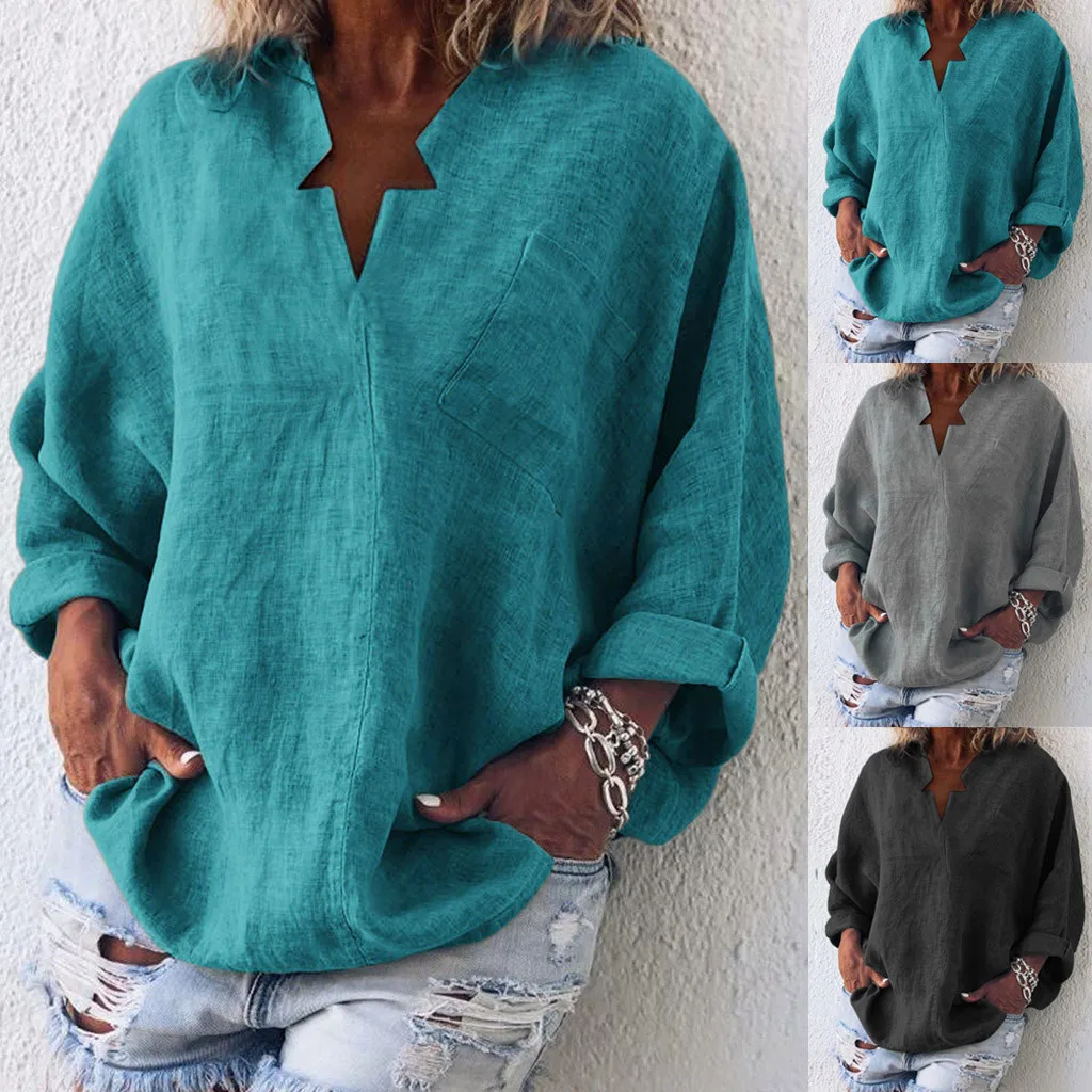 

KLV Women'blouse 2019 TOP Women's casual large size solid color linen star V-neck bat sleeve shirt fashion pocket shirt 3.26