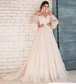 

Boho Ivory Wedding Dress 2020 A-Line Appliques Puff Sleeves Tulle Bride Dress White Lace Top Wedding Gown vestido de noiva