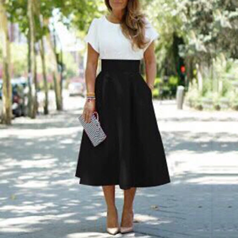

Women Ladies Solid Color High Waist Elatic Stretch Summer Flared Midi Skirt Dres