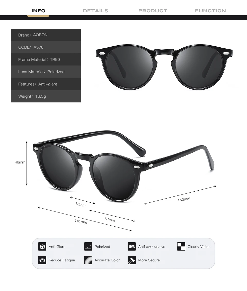 AORON раунд поляризованные солнцезащитные очки для мужчин и женщин для вождения очки ночного видения Модные солнцезащитные очки UV400