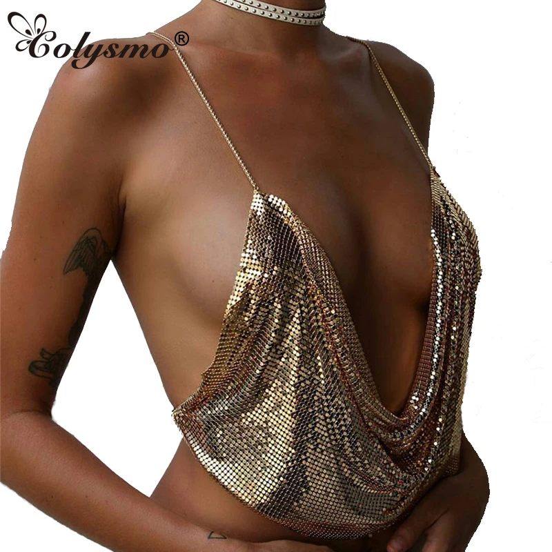 

Colysmo Sexy Backless Halter Mettal Women Tank Top Vest Drape Front V Neck Crop Tops