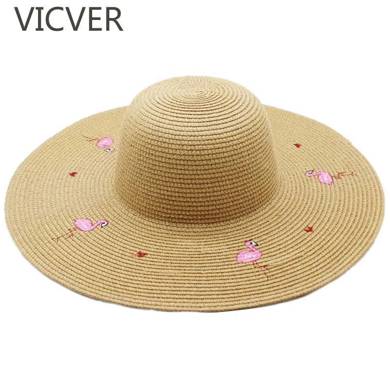 2019 فلامنغو قبعة مطرزة قبعات للحماية من الشمس للنساء مع كبير حافة جميل السيدات الصيف شاطئ كاب عارضة الفتيات واسعة بريم مرن قبعات