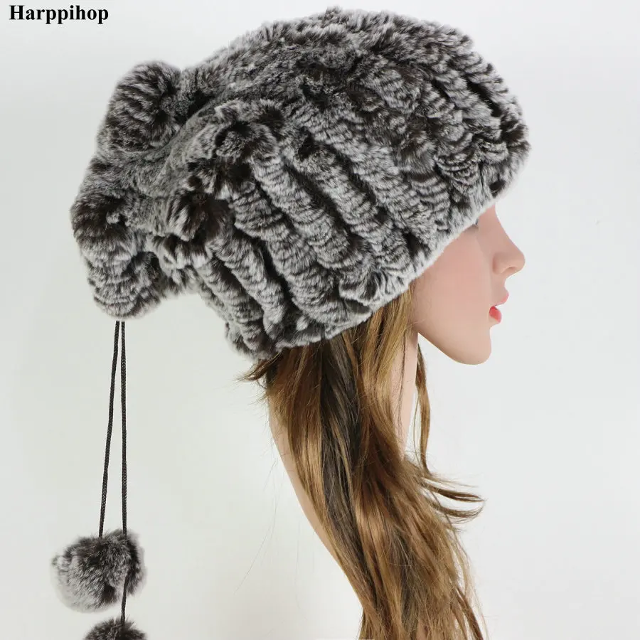 Зимняя меховая шапка s шапки бини для женщин прошитые полосы настоящий мех кролика шапка шарф женский мягкий теплый натуральный мех шапочки для дам
