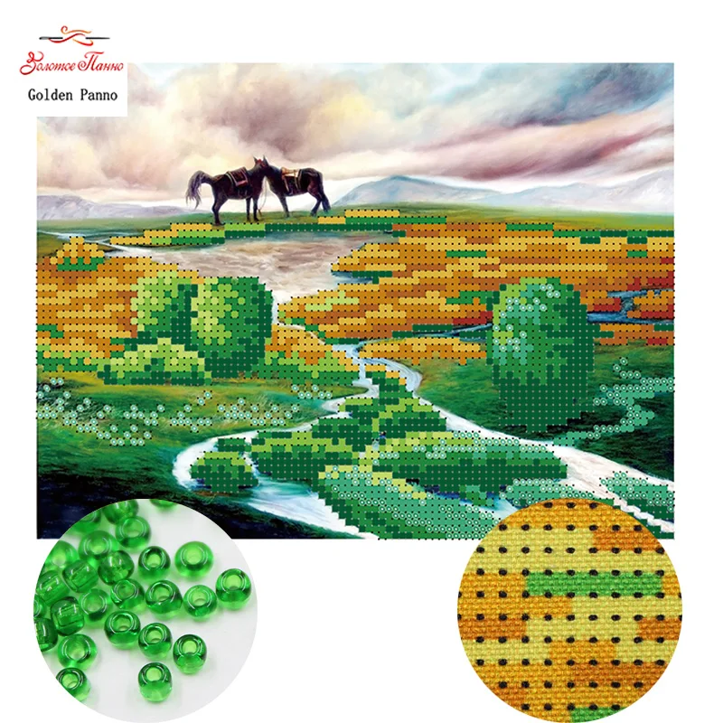 

Golden Panno,Needlework DIY Cross stitch Sets For Embroidery kits two horses pattern Counted bead Cross-Stitching 0413