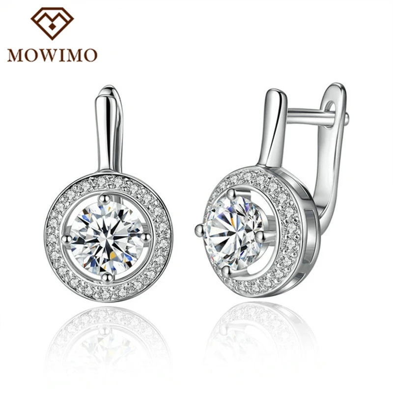 

MOWIMO Shiny Silver Color Drop Earrings CZ Clear Jewelry Round 6mm Crystal Stone Earring Female Glitter Earing For Women ZBFE106