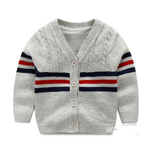 100% Cotton Baby Sweater Stripe V neck Button Cardigan