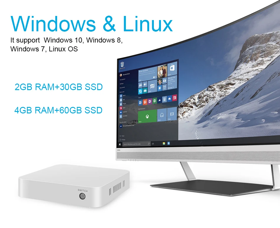 Intel Mini PC Celeron N2810 Windows 10 Linux 4 ГБ Оперативная память 60 ГБ SSD неттоп pc ТВ коробка HDMI, VGA, USB 3,0 300 м WI-FI 1000 м Ethernet