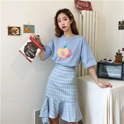 

Summer 2019 female students two-piece] high waist irregular lattice fishtail hip skirt + printed simple short sleeve