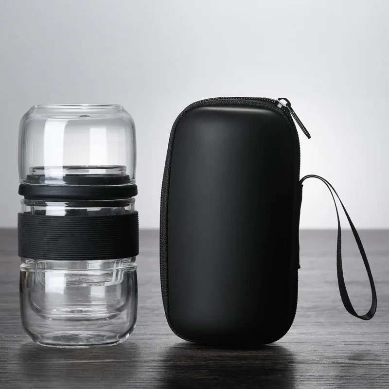 420 мл Карманный чайник термостойкая чашка со стеклянным фильтром сумка для спорта на открытом воздухе Кемпинг путешествия Цветочный чайный набор подарок для семьи - Цвет: Черный