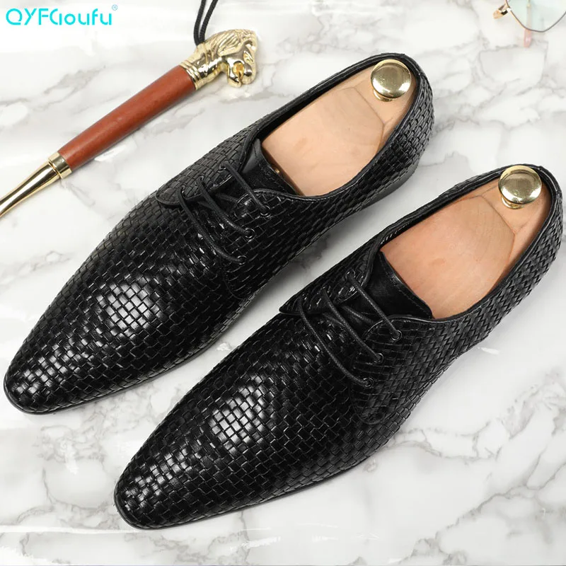 

Weaving Mens Dress Shoes Fashion Pointed Toe Lace Up Men's Business Casual Shoes Luxury Genuine Leather Office Shoes