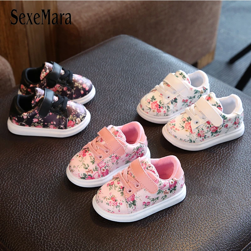 

Spring/Autumn Print Floral Children Shoes for girls 2017 New Baby Shoes Flower Sneakers Boys Black/Pink/White Kids Shoes A10272
