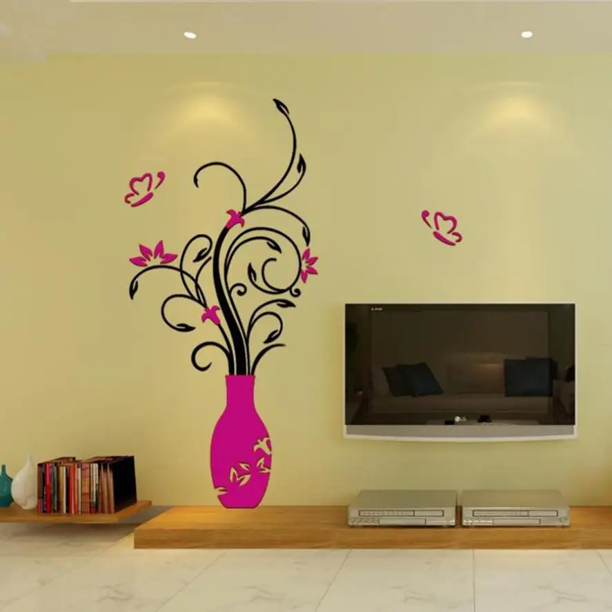 3D Vase Flowers Wall Sticker home decor living room water resistant Home Shop Windows Decals
