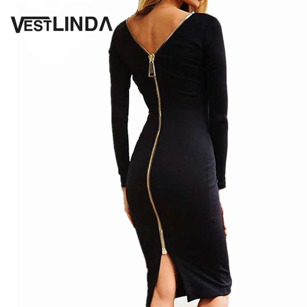 Black Long Sleeve Zipper Back Bodycon Midi Dress