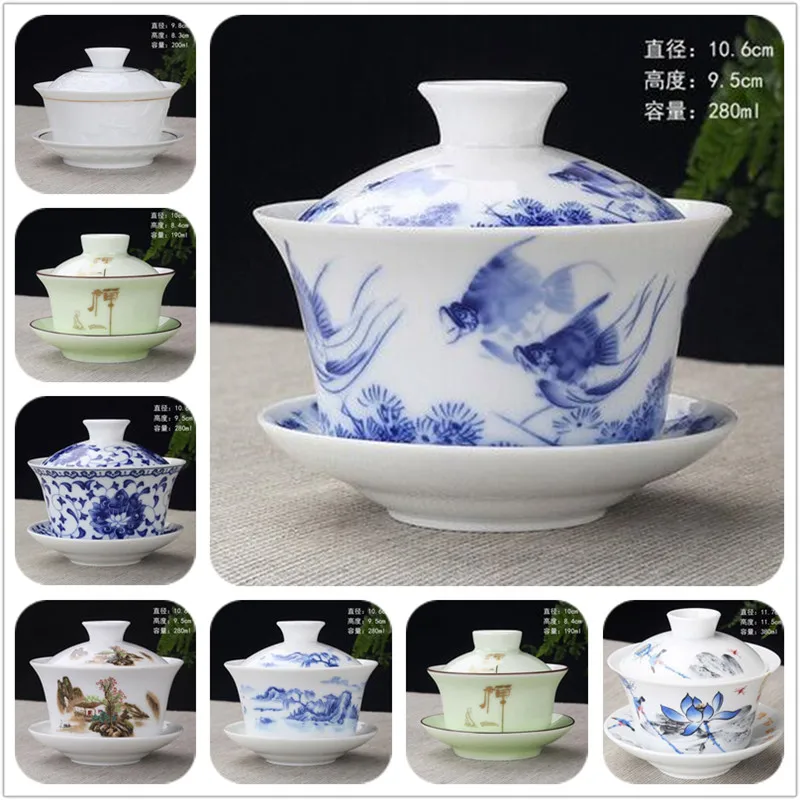 

Hand Painted Rich Fish Ceramic Porcelain Gaiwan Chinese Kung Fu Tea Set Handmade Teaware Tureen Sancai Tea Cup Pu'er Kettle