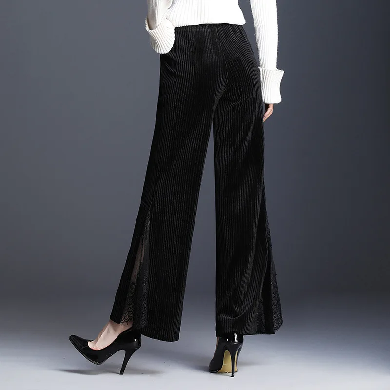 Pierna Mujer Las Mujeres Cintura Negro Moda Pantalones Empalme Terciopelo Black Casual Encaje Calidad Alta Altura De Largos La Ancha WqHzFxw7Y