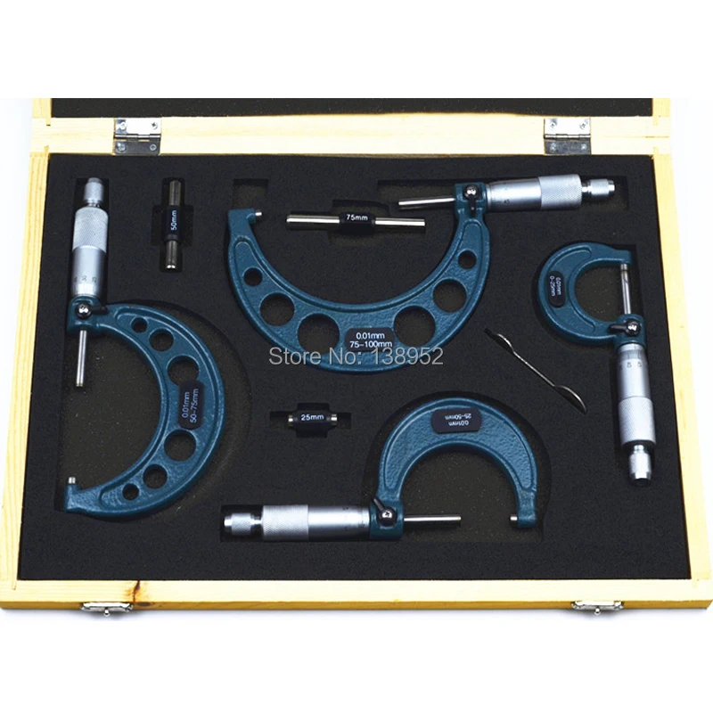 

4pcs Outside Micrometer set 0-25mm/50mm/75mm/100mm/0.01mm Set Kit Carbide Alloy With Reference Rod Caliper Measure Tools