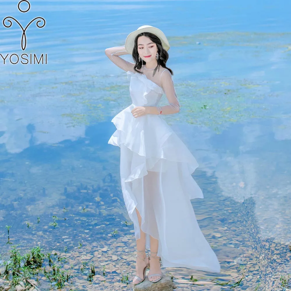 YOSIMI 2018 летнее вечернее платье Макси Винтаж оборками длинное женское с круглым