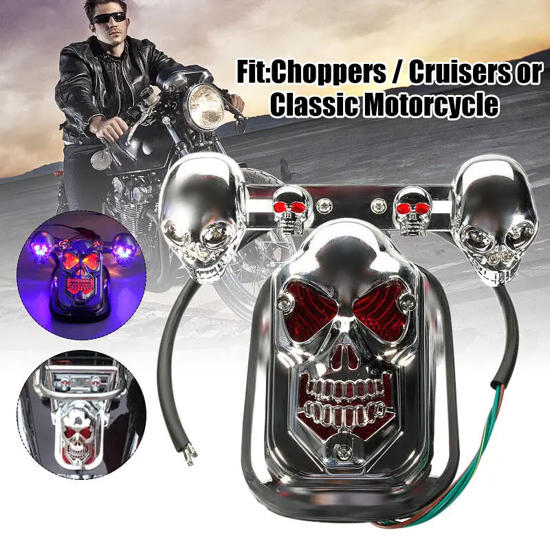 New Chrome Motorcycle Quad ATV Skull Turn Signal Rear Brake Tail Light For Harley
