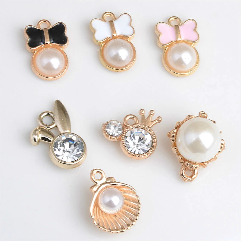 

20PCS/Lots Cute Imitation Pearl Enamel Crystal Butterfly Charms For Jewelry Making Small Round Pearl Pendants DIY Accessories