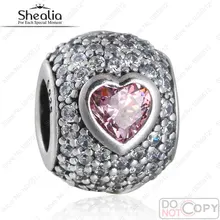 Fit Pandora Charms Pulseras de Lujo Pink Heart Beads Original 925 Plata Esterlina AAA Cubic Zirconia Pavimenta JOYERÍA SHEALIA BD340