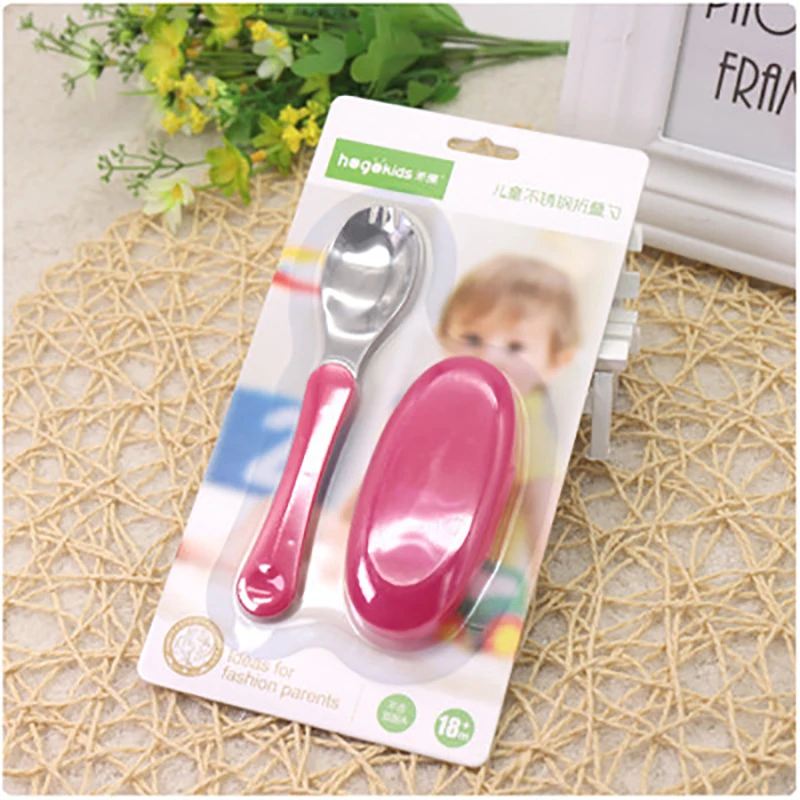 

2 in 1 Baby Utensils Stainless Steel Spoons Forks with Travel Case Tableware Child Kids Self Feeding Training Fashion