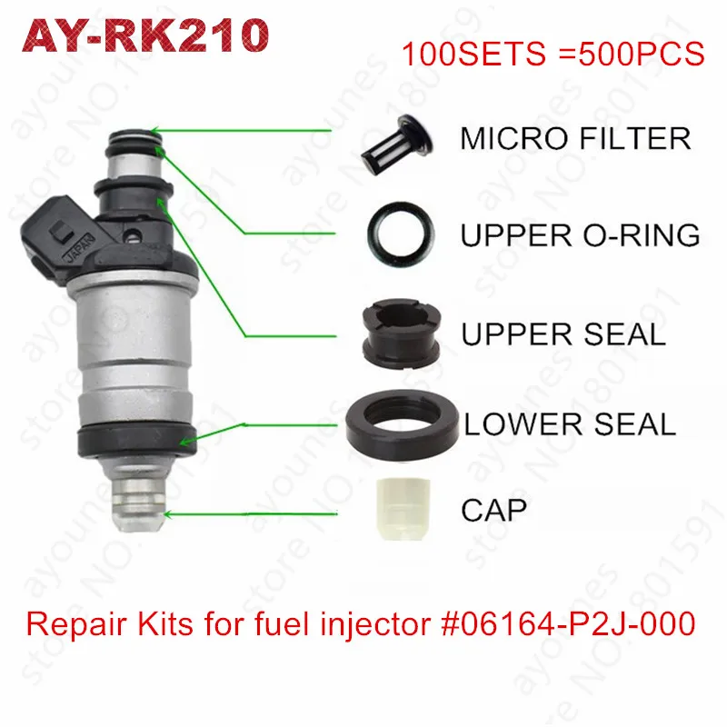 

100sets 06164-P2J-000 06164-P2A-000 fuel injector repair kits for honda car micro filters viton oring ans seals cap For AY-RK210