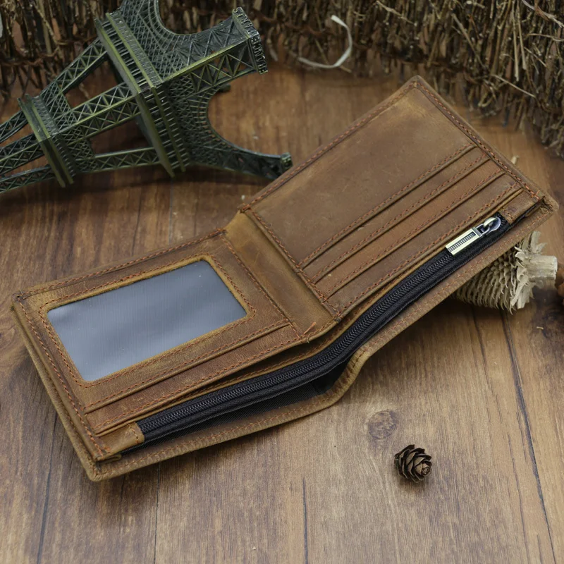 Vintage Men Crazy Horse Genuine Leather Wallet Zipper Short Card Holder
