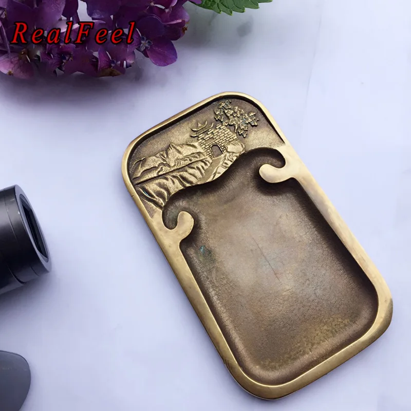 

REAL FEEL 13.7X7.8X0.9 CM Chinese Winding path pattern copper ink stone Antique collection ink slab