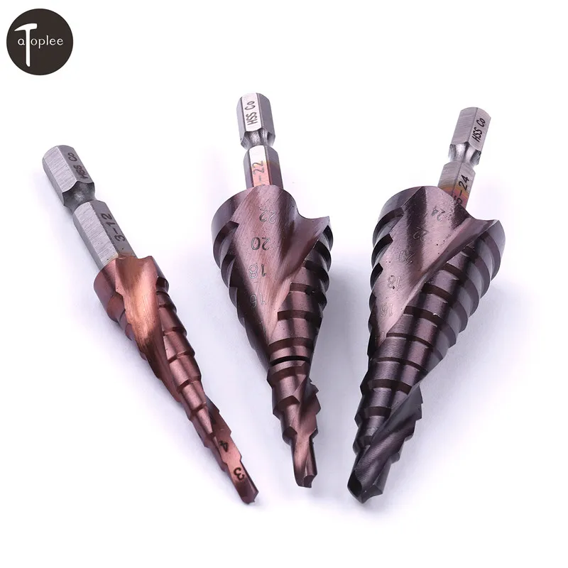 

1PCS HSS Co 3-12mm 4-22mm 6-24mm Spiral Groove 1/4" Hex Handle Step Dril Bit Hole Cutter Cone Saw Stepped Drill Power Tools
