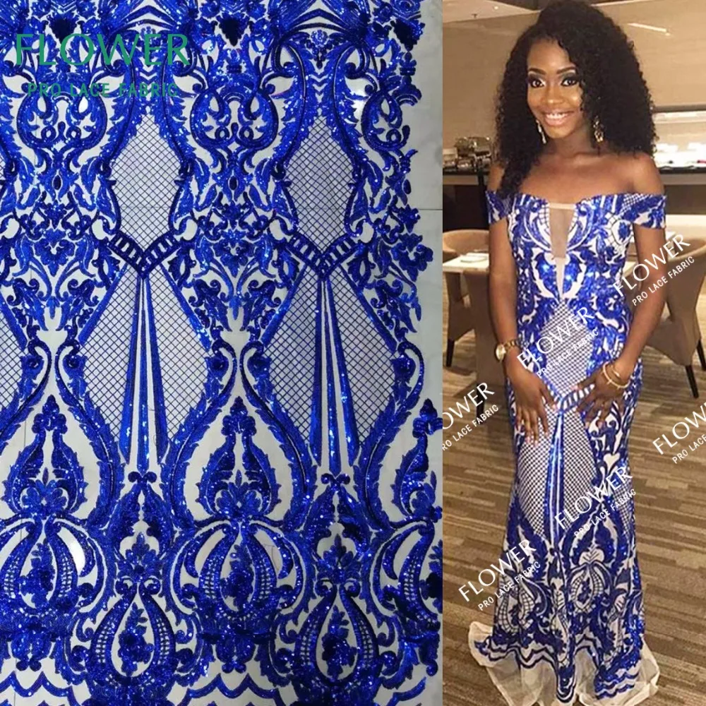 

Royal Blue Sequins Mesh Lace Fabric African Women Party Dress Sewing Material French Nigeria Swiss Voile Embroidered Lace Fabric
