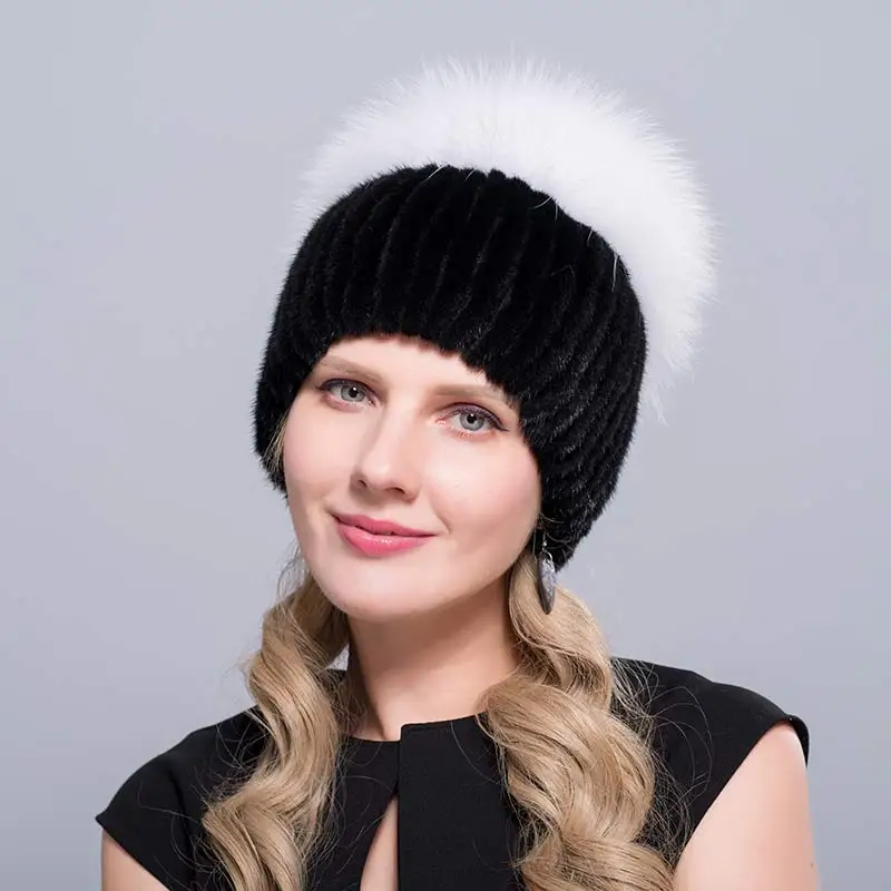 Женская шапка, распродажа, настоящая норка, меховая женская шляпа, зимняя вязаная норковая меховая шапка из лисьего меха, фирменная новинка, толстая женская шапка - Цвет: black