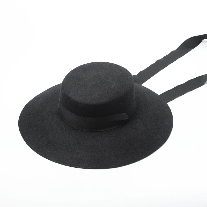 01810-HH8146 зима теплый% шерсть подиумная модель твердая Длинная лента Досуг Леди Шляпа Fedora женская теплая уличная шляпа - Цвет: Черный