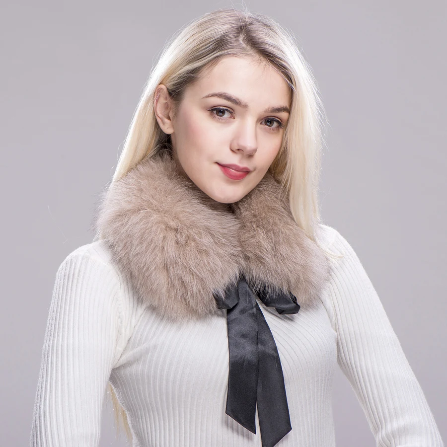 FXFURS Женские натуральной меховой воротник-шарф зимние теплые натуральным лисьим мехом шарфы-накидки с лентами шарф длинный меховой воротник меховой для шеи теплее - Цвет: camel
