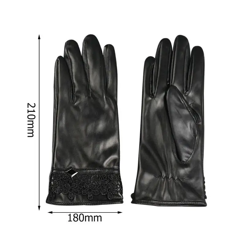 Повседневное женский, черный PU кожаные перчатки зима лук Водонепроницаемый вождения полный палец касаясь перчатки Экран кружева перчатки