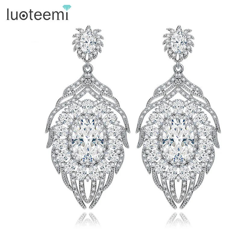 LUOTEEMI Luxury CZ Vintage Embellished Bridal Clear Cubic Zircon Feather Design Heavy Stud font b Earring
