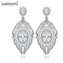 LUOTEEMI Luxury CZ Vintage Embellished Bridal Clear Cubic Zircon Feather Design Heavy Stud Earring For Women’s Wedding Jewelry