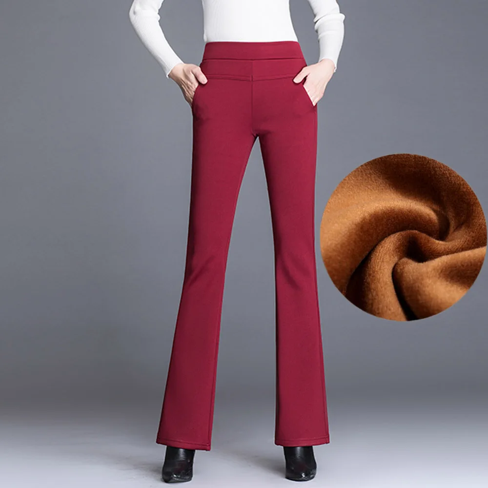 Осенне-зимние Новые расклешенные брюки с высокой талией женские плюс бархатные утепленные леггинсы модные повседневные свободные широкие брюки длиной до щиколотки - Цвет: Wine red leggings
