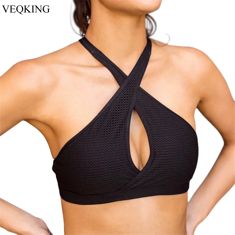 VEQKING Cut Out Push Up Sports Bra Top Women Halter Strappy Brassiere
