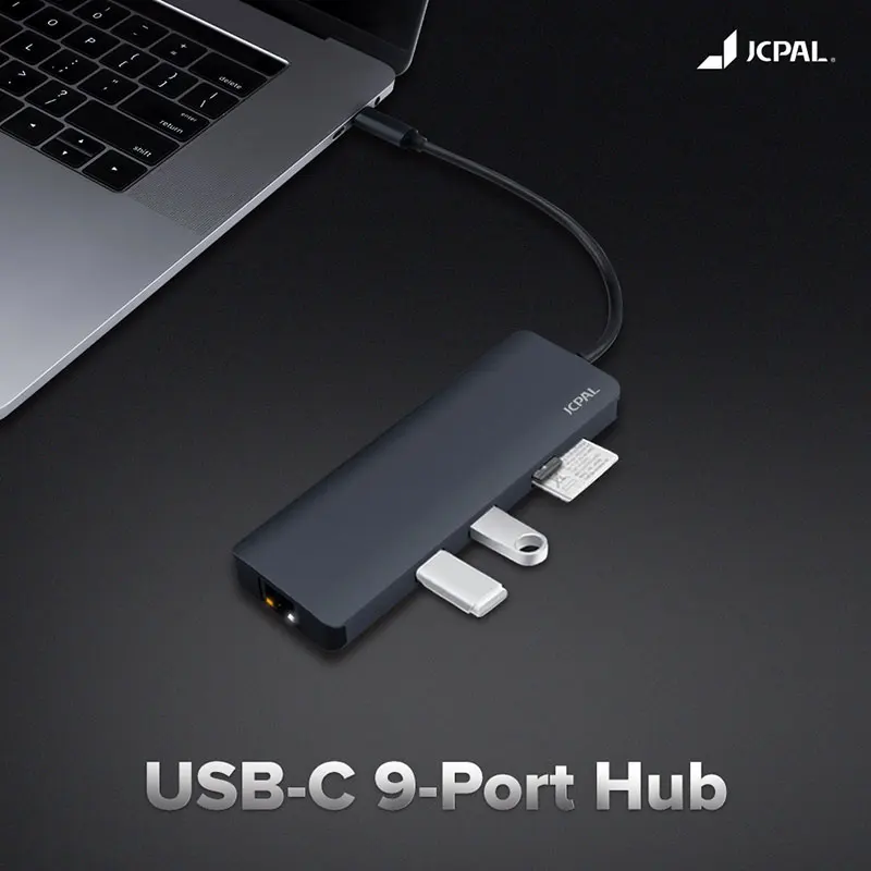 JCPAL USB-C концентратор 9 в 1 type-C PD зарядное устройство 60 Вт HDMI 4 к Lan RJ45 SD Reader USB-C док-станция алюминиевый корпус для MacBook Pro