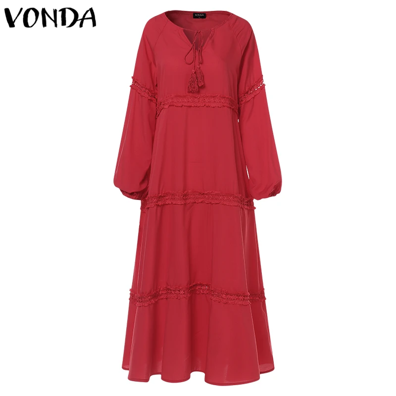 VONDA размера плюс богемное женское Макси длинное платье Весна v-образный вырез полый длинный фонарь рукав осенние платья повседневные свободные Vestido - Цвет: Red