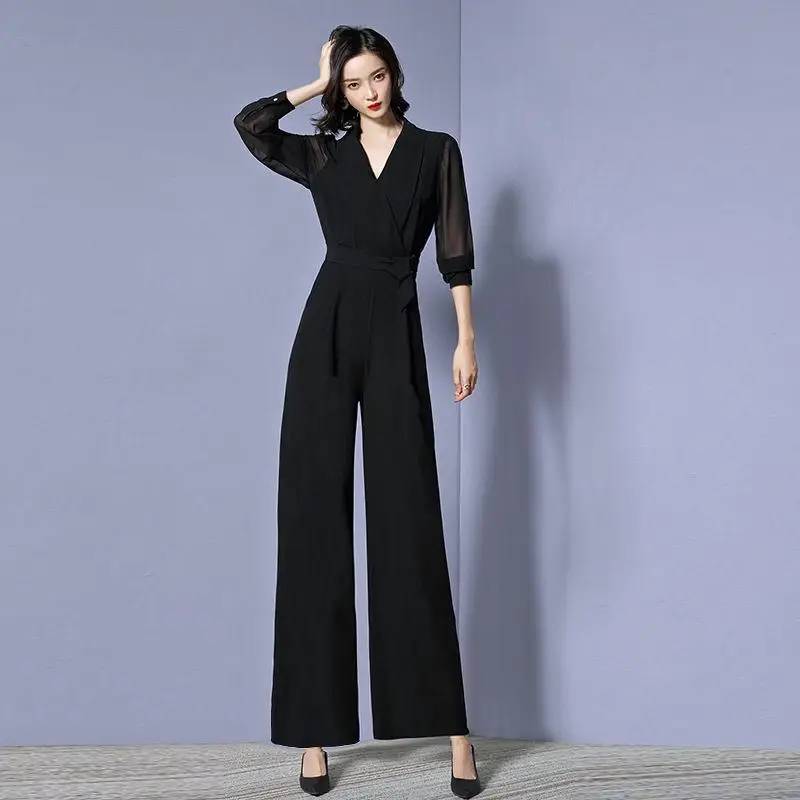 

2019 Spring Autumn Women Deep V Neck Draped Solid Romper Female High Waist Bandage Jumpsuits Ladies Wide Leg Loose Overalls Z320