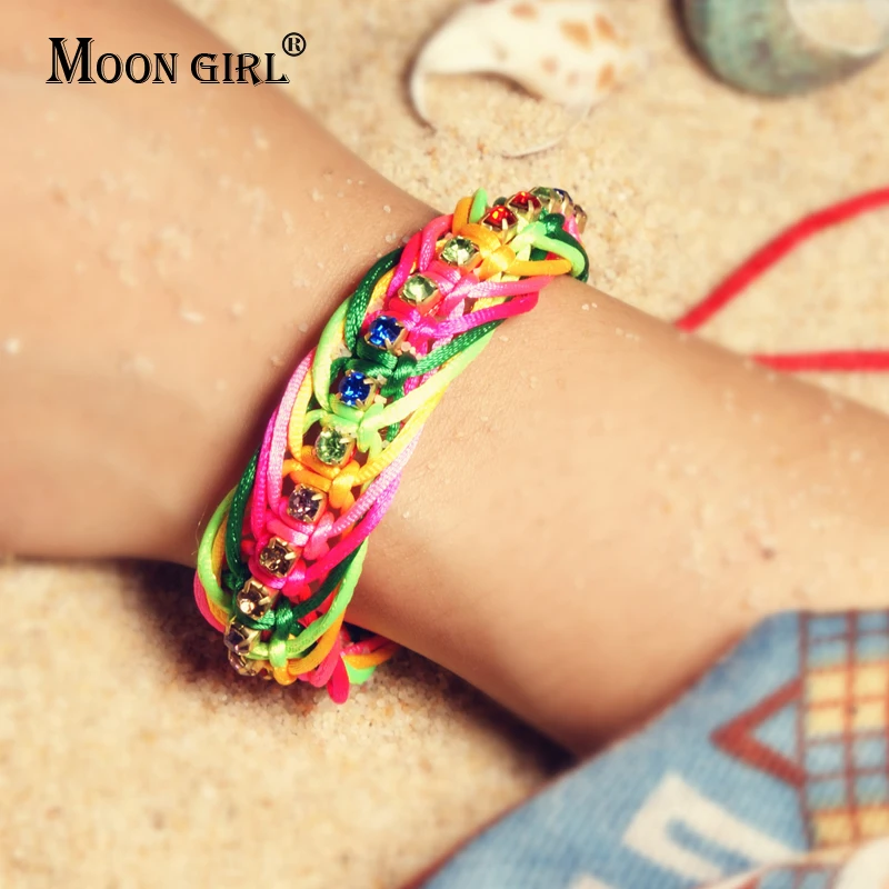 

MOON GIRL New Fashion Rhinestone Colorful Rope Chain Charms Bracelet Vintage Yoga Friendship Bracelets for Women Drop Shipping