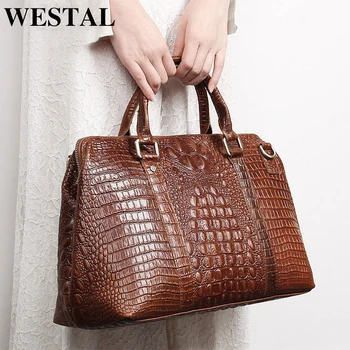 

WESTAL Alligator Pattern Women Handbags Lady Leather Laptop 14 Genuine Leather Shoulder Bags Large Messenger Bag Vintage Totes