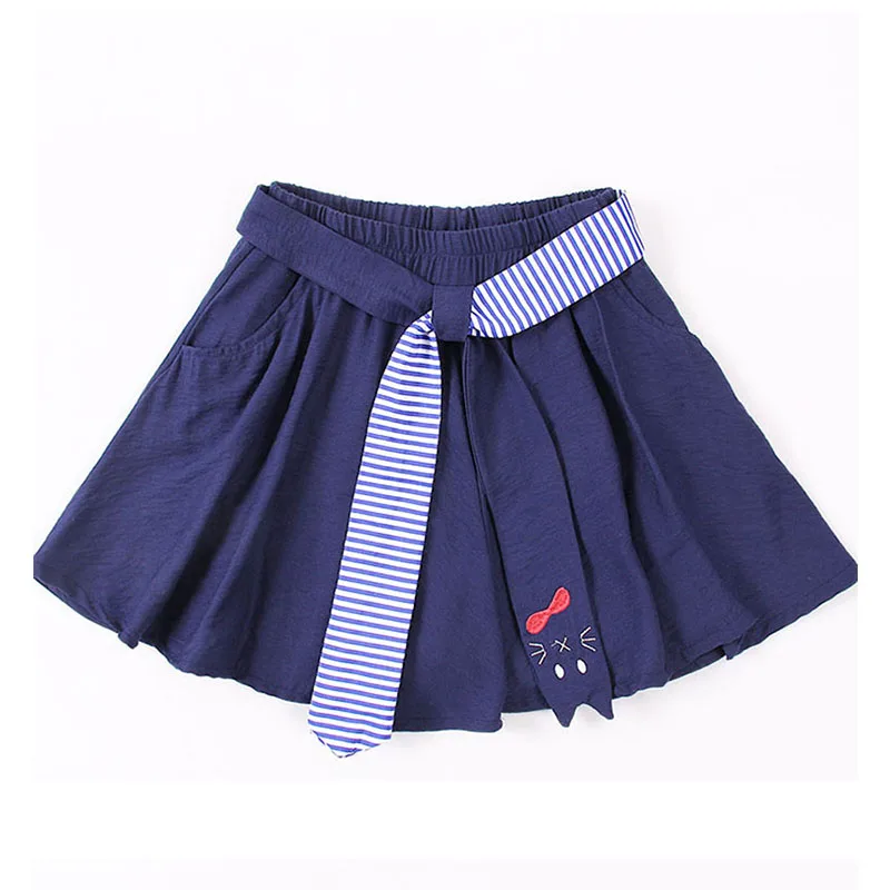 

Free Shipping 7-16T Kids Children Clothes Summer Girls Sleeveless Skirt Cute Cat Belt Tutu Skirt Navy Mini Skirts with Shorts