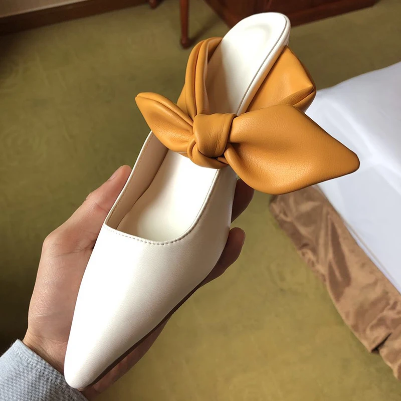 

Kmeioo 2019 New Brand Sheepskin Shoes Pointed Toe Kitten Heels Knot Mule Sandals Slip On Mules Women Sweet Slides Med Heels
